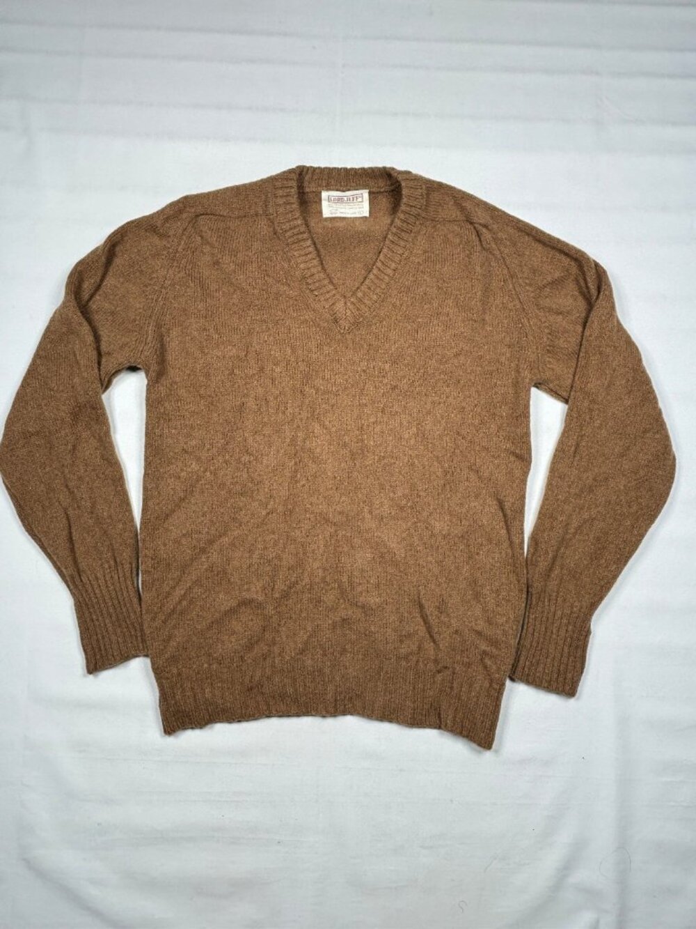Vtg Lord Jeff Camels Hair Wool V Neck Sweater Men L Brown Knit Grandpa USA Made